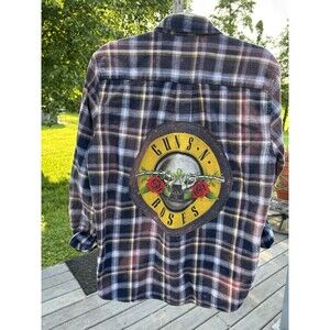 Upcycled GUNS N ROSES Flannel Shirt Plaid Unisex St Johns Bay MEDIUM Grunge SOFT